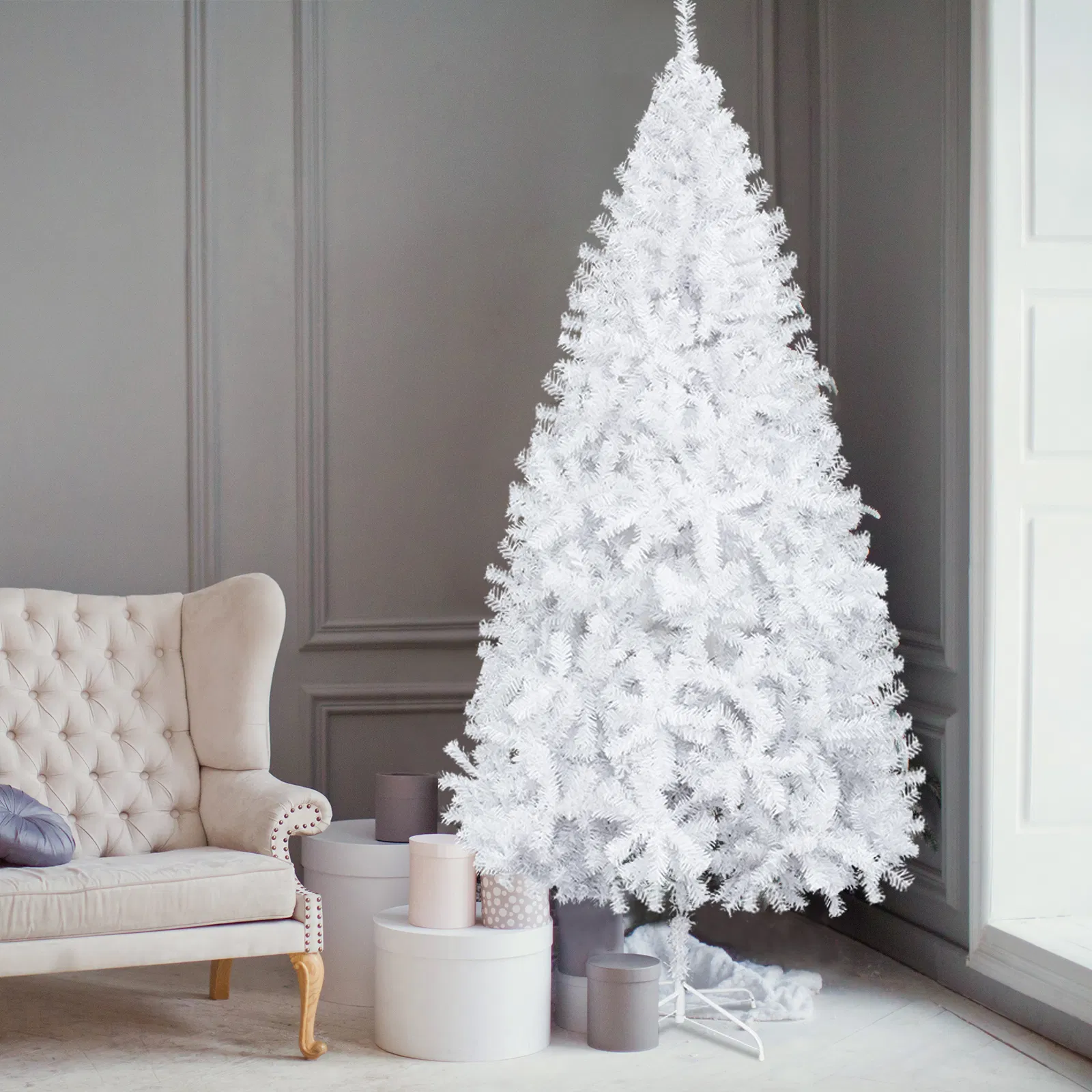 5 FT Artificial Christmas Tree, Unlit Hinged Christmas Pine Tree with 480 Branch Tips and Sturdy Metal Stand, White image 4