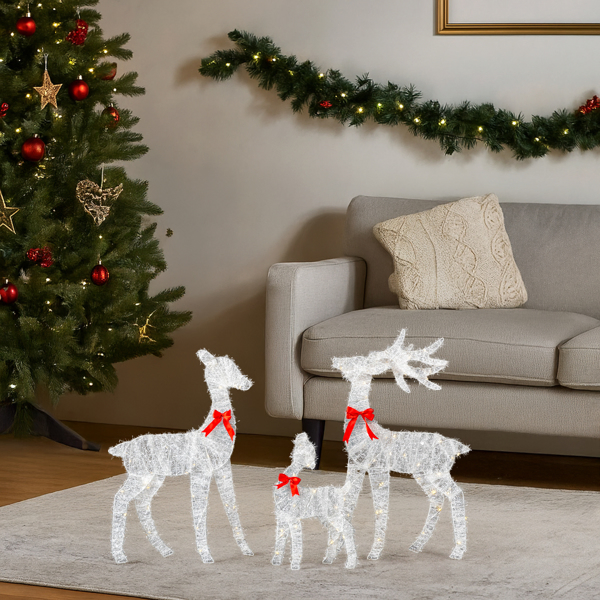 3-Piece Lighted Tinsel Christmas Reindeer Family Set Outdoor Decorations, Weather Proof Deer Family Set of 3 Christmas Ornament Home Decor Pre-lit 110 LED Warm White Lights, 2.4FT, White-26