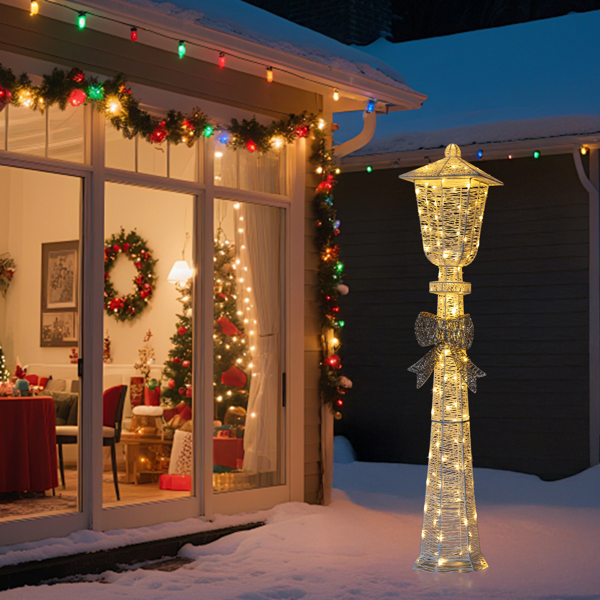 5FT Lighted Lamp Post with Bowknot Christmas Decorations, Pre-lit Holiday Decor with 110 Warm White LED Lights for Xmas Outdoor Indoor Decor Lighted Holiday Displays-23