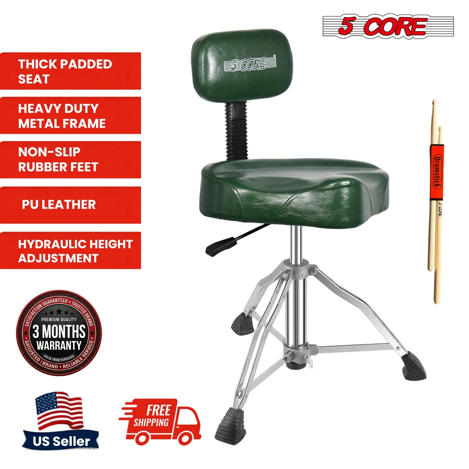 5Core Drum Throne 4" Cushion Padded Stool w Backrest Airlift Height Adjustable Chair w 441Lb Capcity image 2