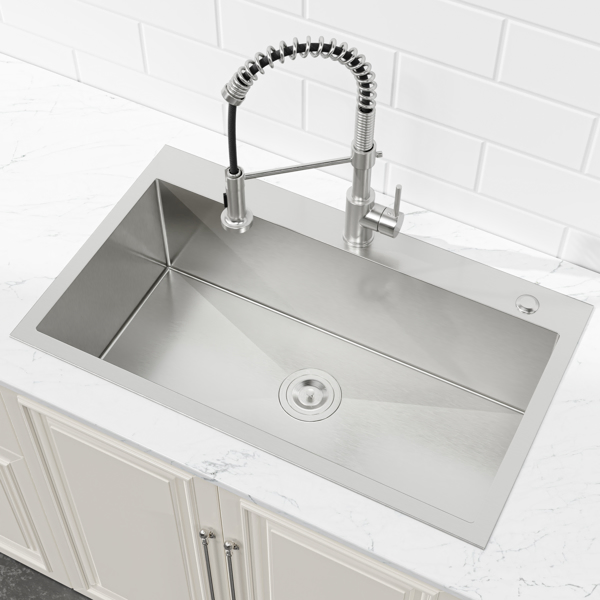 Kitchen Sink, 33″x22″ Single Bowl, Overmount Handmade Sink in Brushed Nickel, with US Standard Drain and Hook[Unable to ship on weekends,usps/fedex]-16
