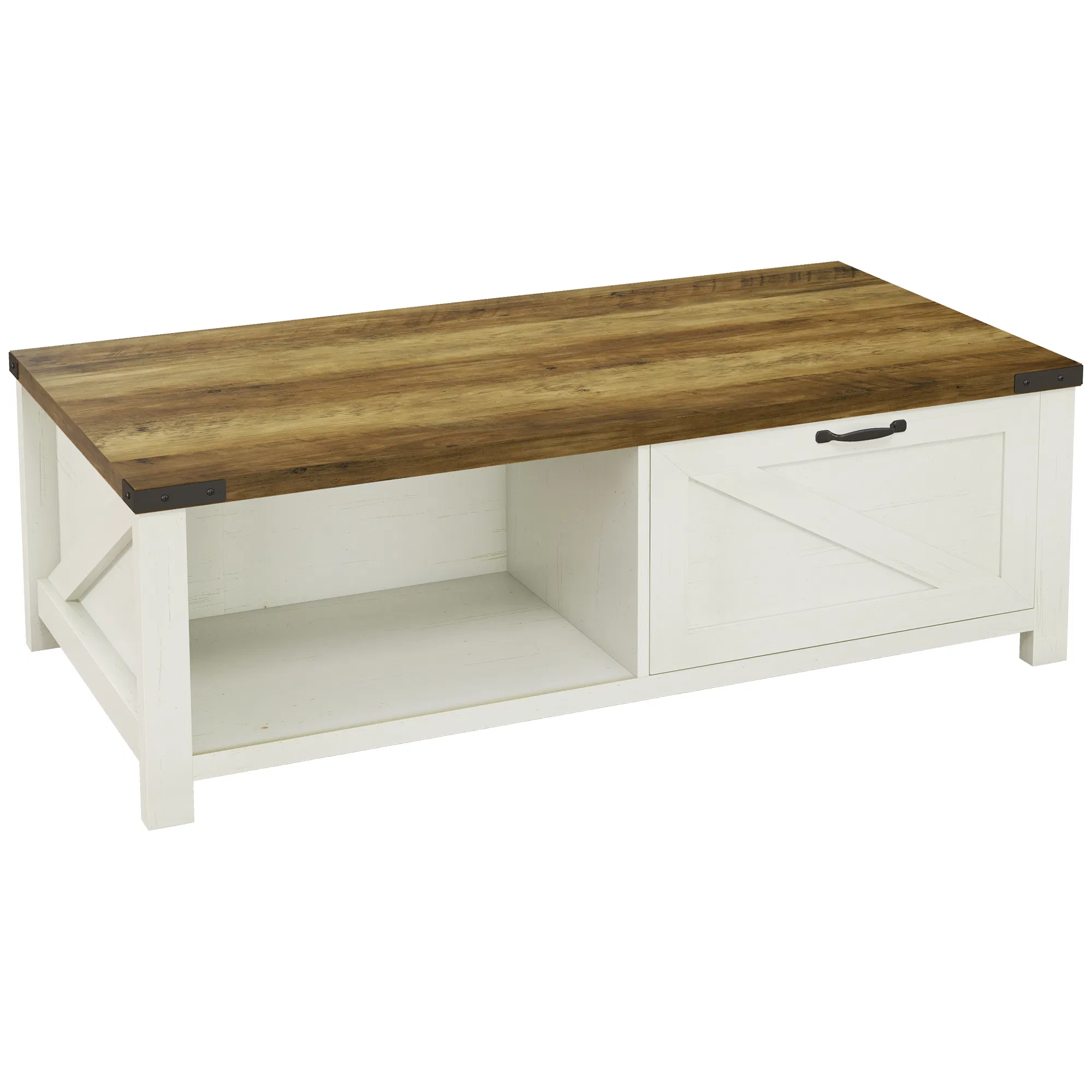Industrial Coffee Table Side End Table with Drawer, Open Storage Shelf, Modern Farmhouse Furniture, for Living Room, Dining Room, Office, Brown