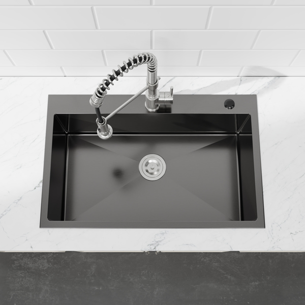 Kitchen Sink, 30″x19″ Single Bowl, Overmount Handmade Sink in Black, with US Standard Drain and Hook[Unable to ship on weekends,usps/fedex]-21