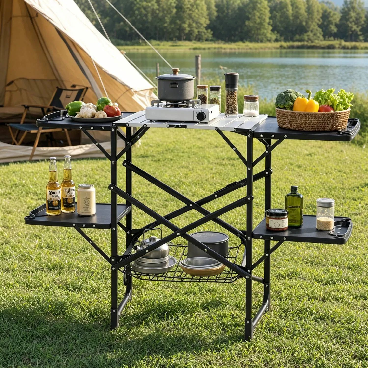 Outdoor Camp Cooking Prep Station Reinforced Aluminum Alloy Cross Brace Frame, Side Shelves Under Mesh Storage Anti-Wobble Flat Fold Design for Picnic RV Tailgate