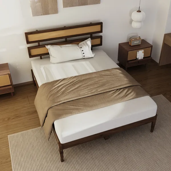Dark walnut wood painted finish + rattan and pine wood double headboard King size bed, Bohemian style image 2
