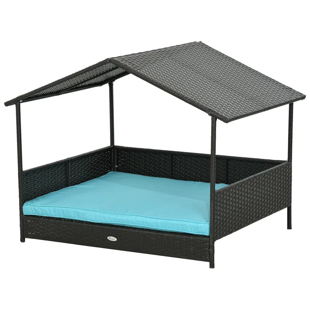 Outdoor Dog House Wicker Dog Bed with Soft Cushion Washable Cover, for Medium Large Dogs Indoor Outdoor, Blue