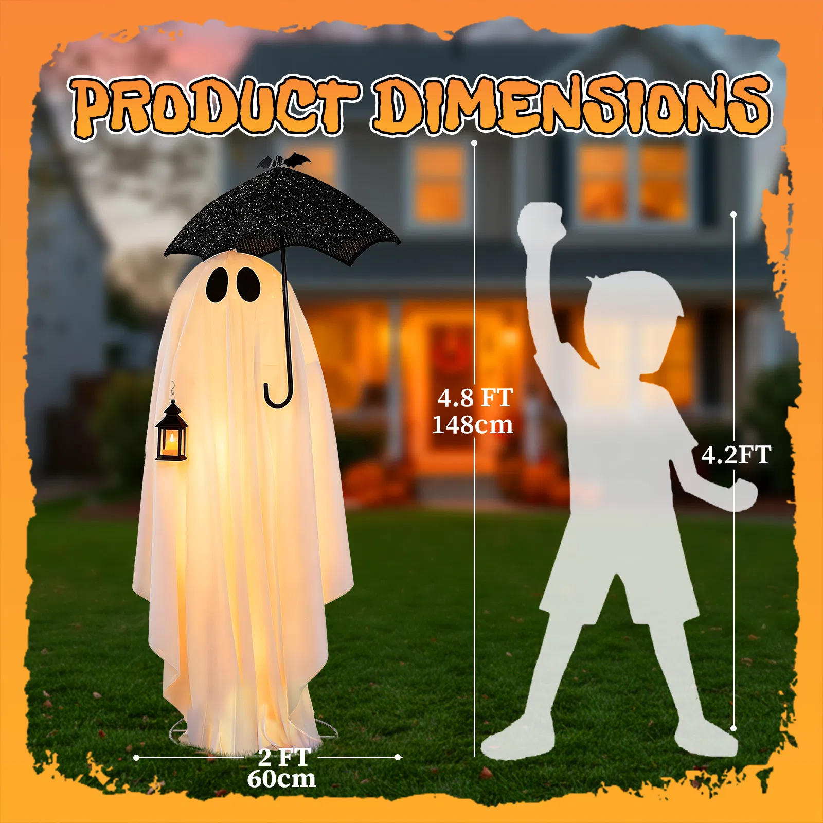5ft Black & White Umbrella Ghost Halloween Decoration with 100 Warm White LED Wire Lights, 30V 3.6W… image 5