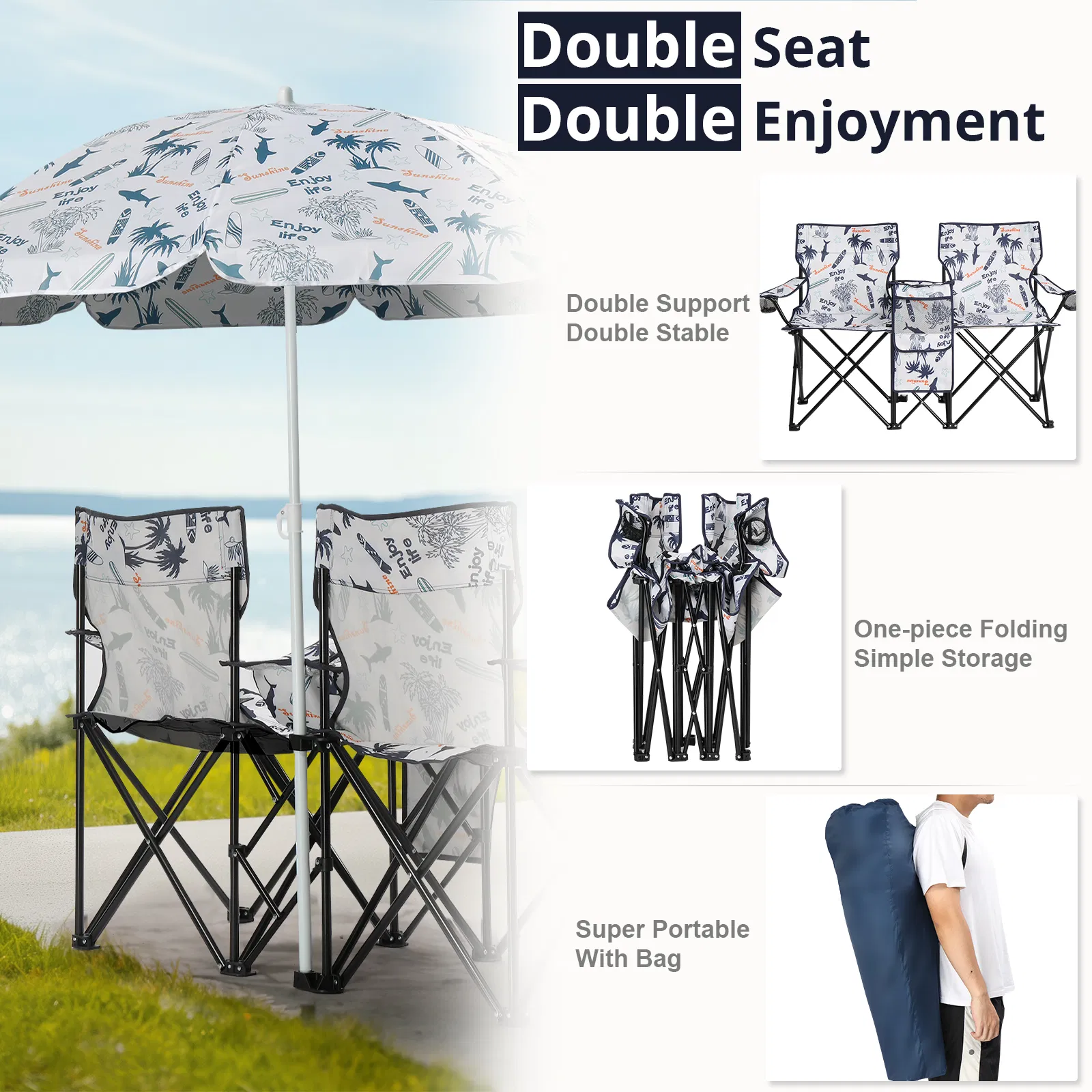Portable Outdoor 2-Seat Folding Chair with Removable Sun Umbrella Coconut Tree image 7