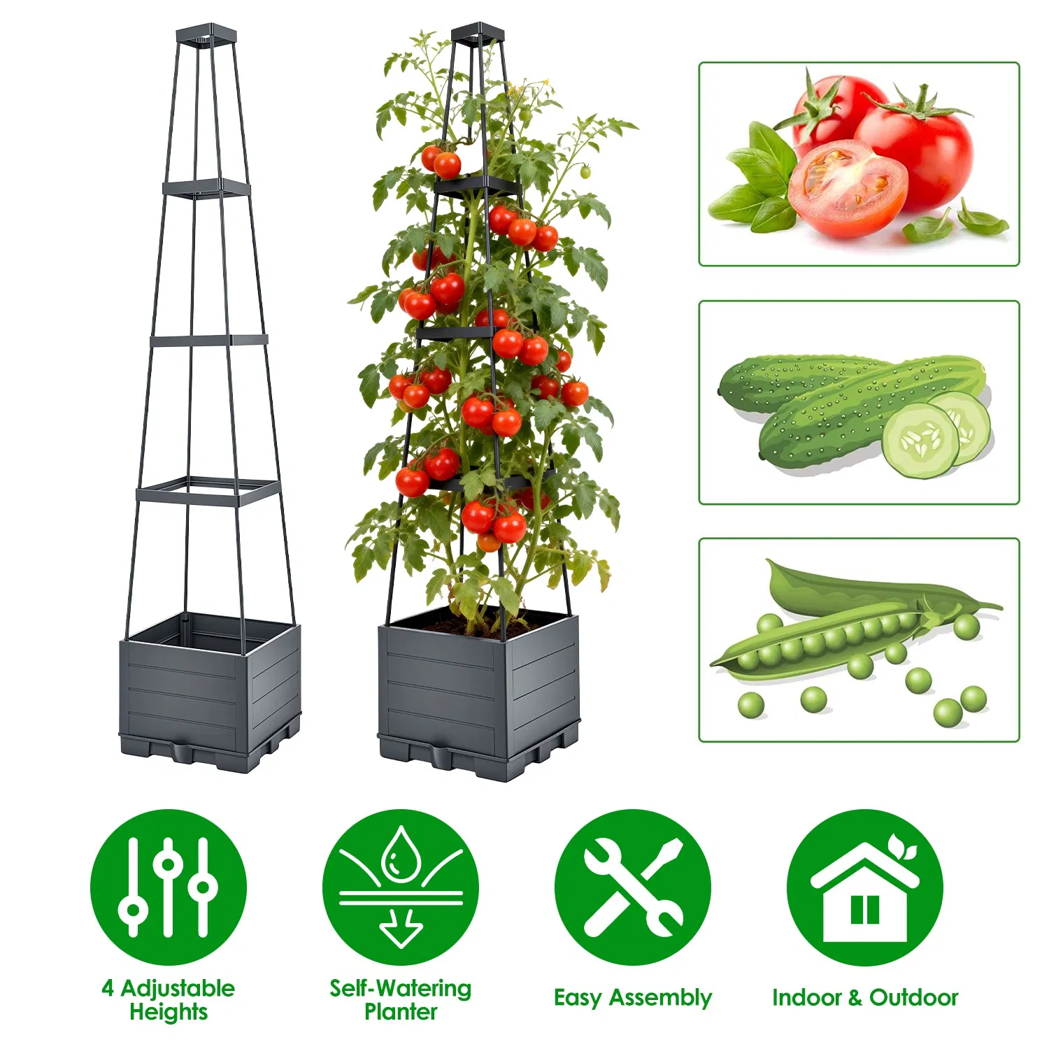 4-Size Height Adjustable Trellis Planter with 2L Self-Watering Tank, Heavy Duty PP Climbing Vegetable Growing Box with Bonus 10 Clips & 65FT Plant Ties