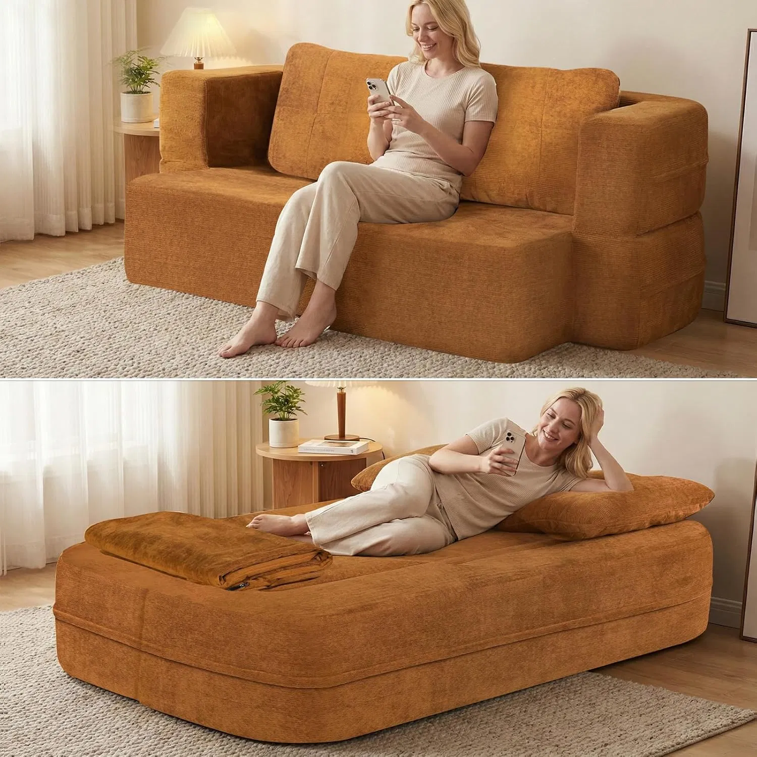 Convertible Sofa Bed with Blanket, Boneless Cloud Couch Queen Scott Fabric for Living Room Bedroom, Modular Loveseat with High-Density Solid Sponge No Assembly, Brown