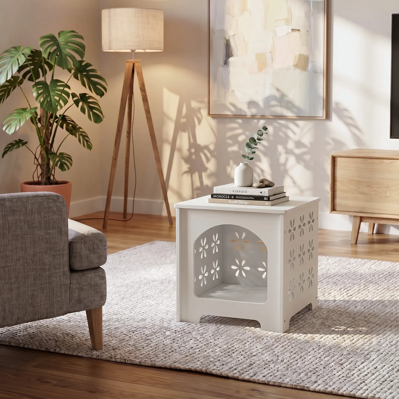 Side Table with Storage, Nightstand End Table with Floral Design, Modern Arch Opening Bedside Table for… image 10