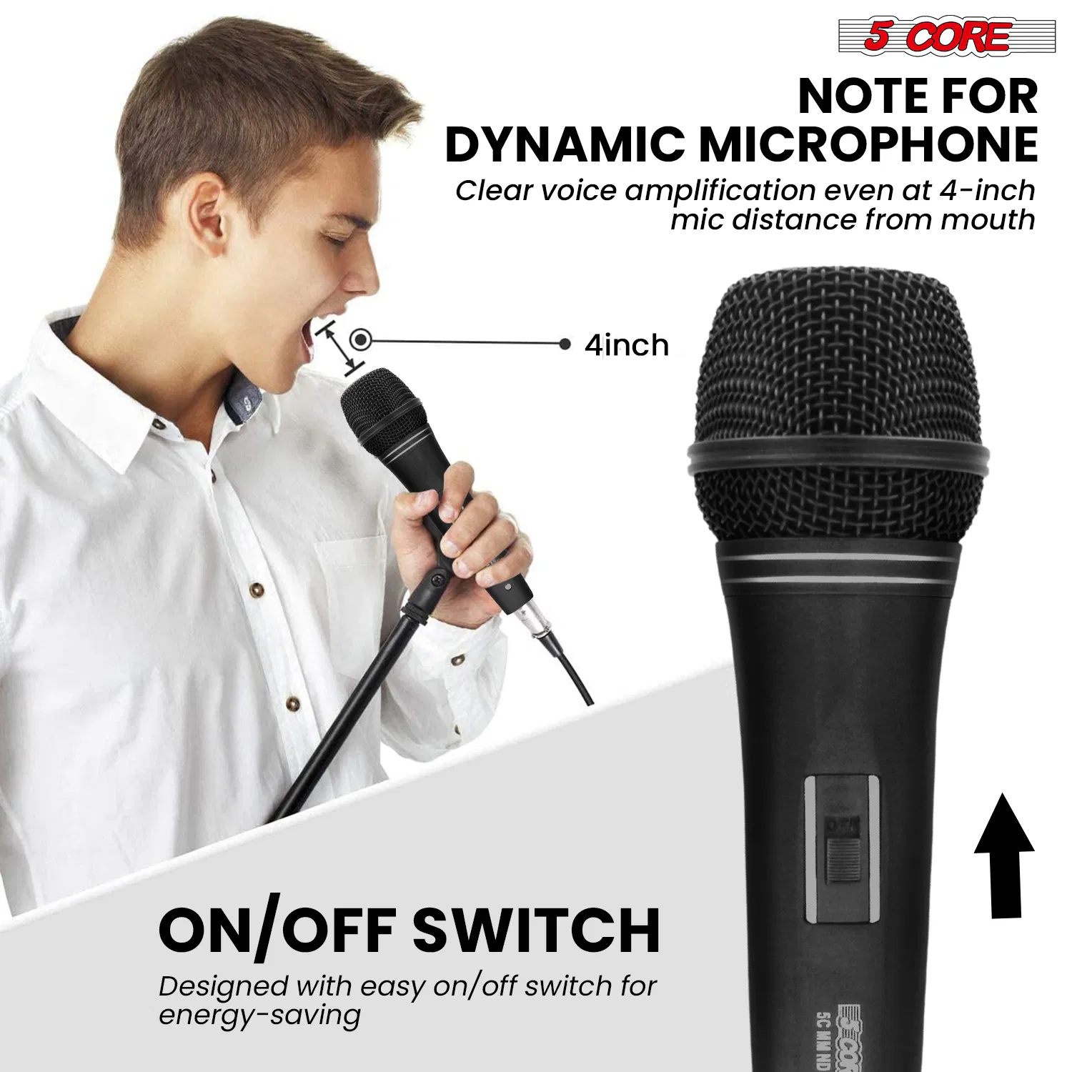 5 CORE Professional Dynamic Vocal Microphone Neodymium Cardioid Unidirectional Handheld Mic for Singing Karaoke Steel Mesh Grille Metal Body With ON Off Switch + 16ft Detachable Cable + Clip + Bag image 9
