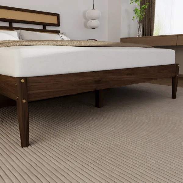 Dark walnut wood painted finish + rattan and pine wood double headboard King size bed, Bohemian style image 4