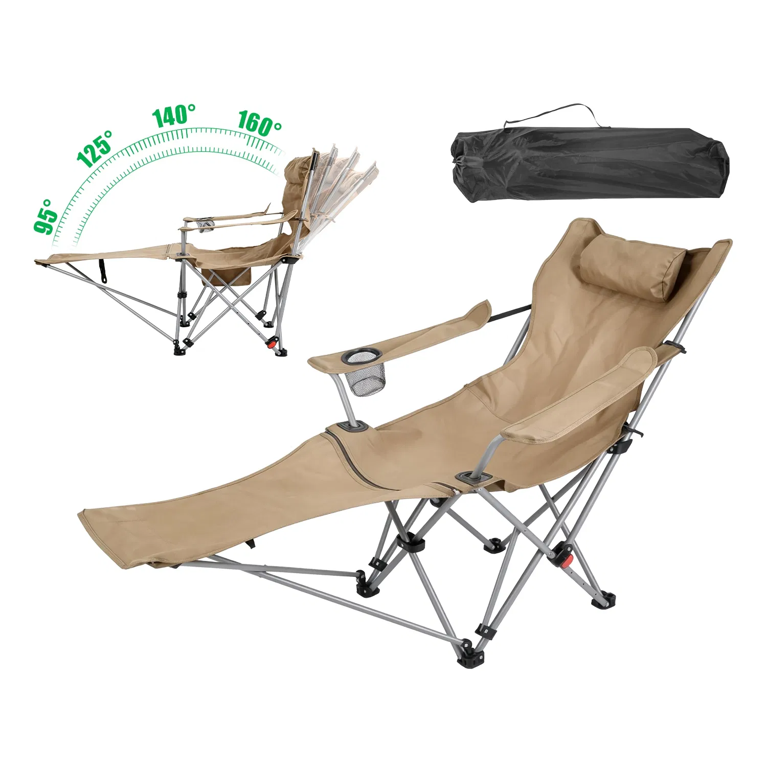 Portable Folding Camping Chair with Removable Footrest Waterproof Oxford Cloth Support 220lbs Multifunctional Recliner Chair with Cup Holder & Side Pocket image 2