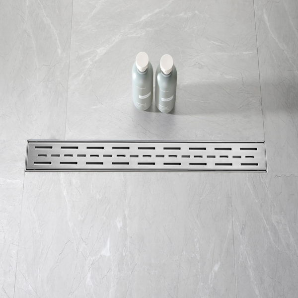 30 Inch Linear Shower Drain with Removable Brick Patterned Grate Cover, 304 Stainless Steel Shower Floor Drain with Hair Strainer and Leveling Feet-11