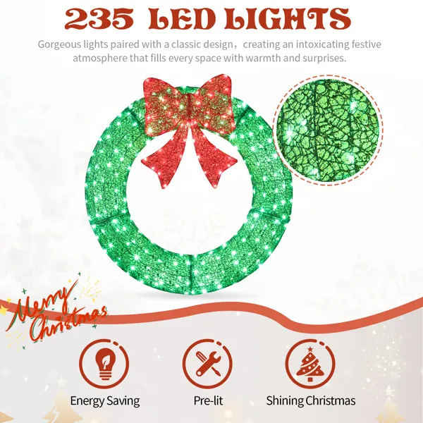 36in Pre-lit Outdoor Christmas Wreath Decoration, Lighted Metal Wreath with Red Bow, Remote Control LED… image 2