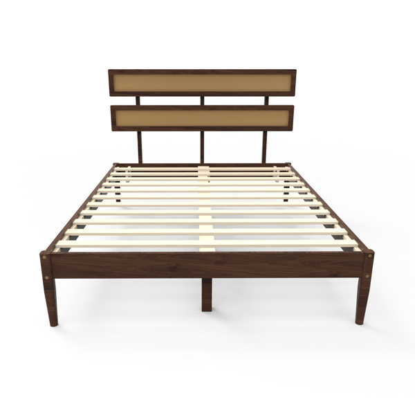 Dark walnut wood painted finish + rattan and pine wood double headboard full size wooden bed, Bohemian style-23
