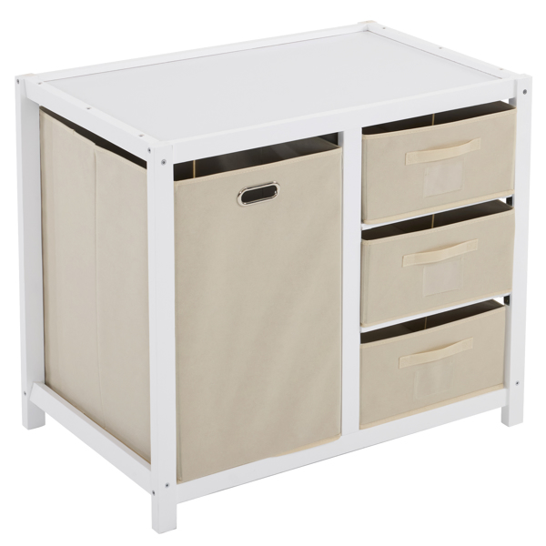 White painted pine wood frame, removable top, 87*53*87.5cm children's wooden bed with 3 fabric drawers + 1 fabric bag, and a changing table-37