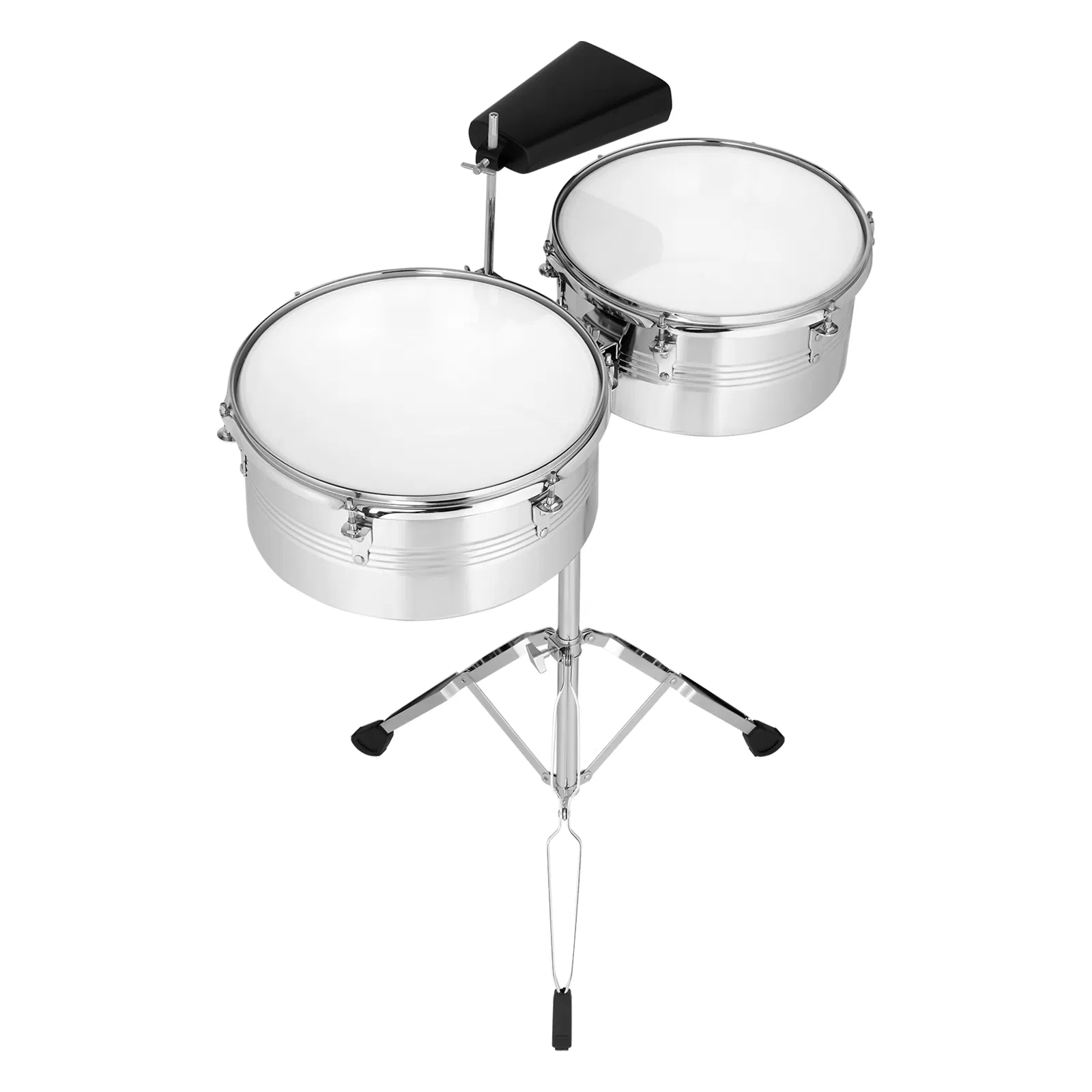 Percussion 13" & 14" Timbales Drum Set with Stand and Cowbell Silver image 2