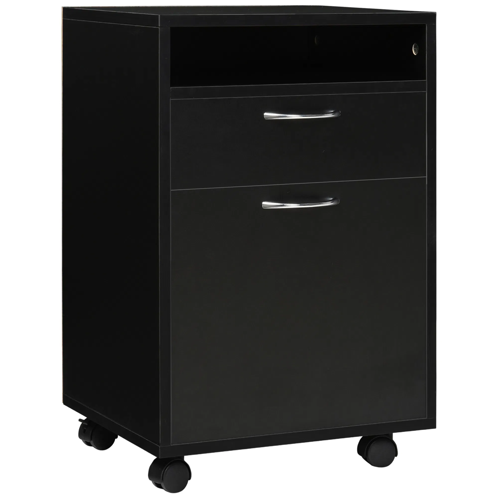 24" Small Filing Cabinet with Open Compartment, Drawer and Wheels, Home Office Storage Cabinet, Black