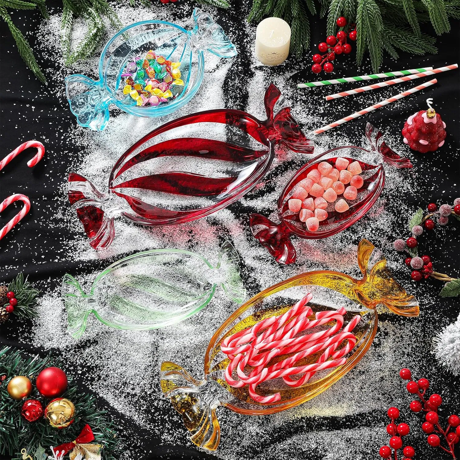 Christmas Candy Glass Plate, Christmas Theme Serving Tray for Holiday Desserts, Cookies & Candy Display, Festive Party Bowl, Red XMAS Decorations Small 9.2x4.3 Inch image 6