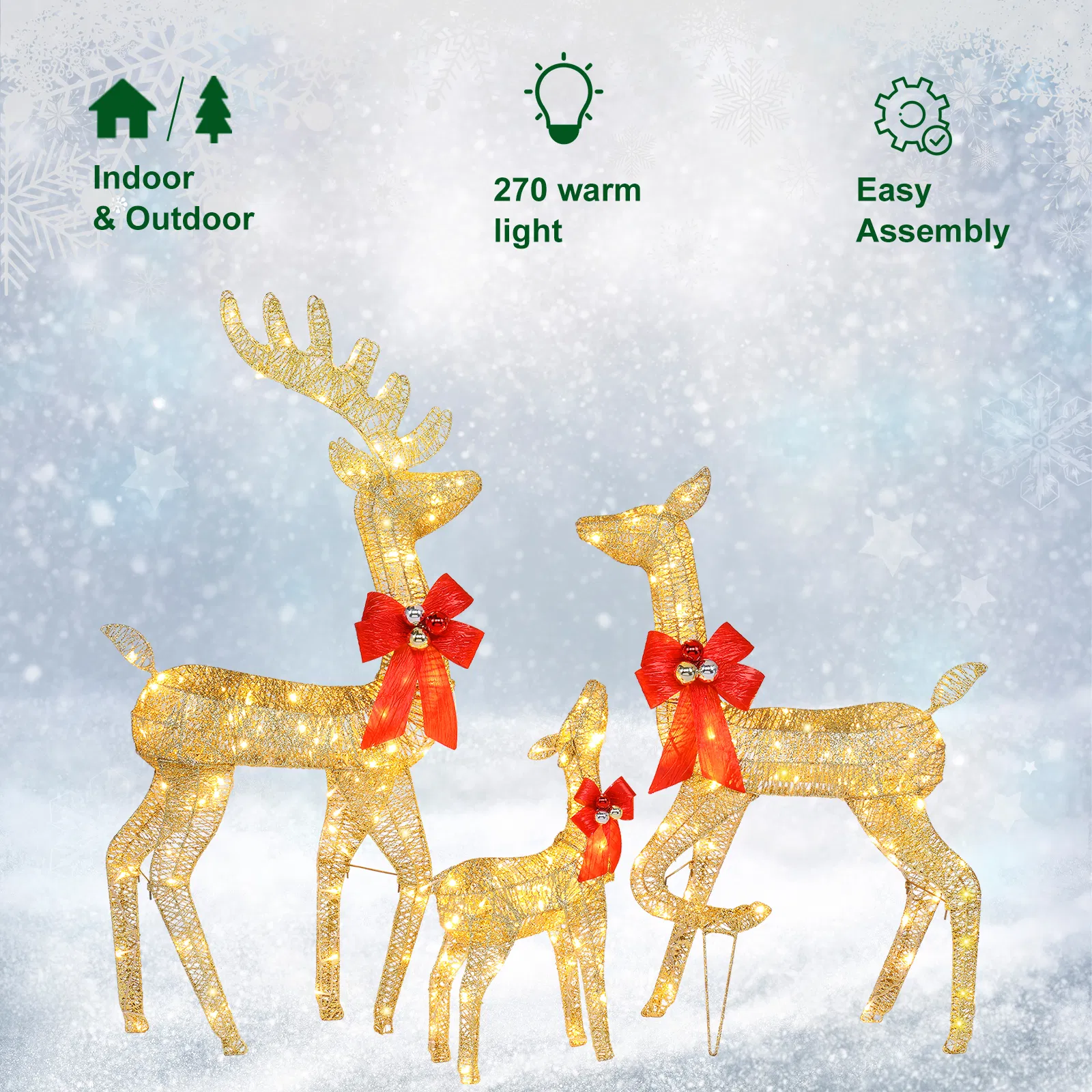 3pcs 54*20*122cm 30.00V 3.60W Family Elk Golden Iron Frame Cotton Thread Green Onion Powder Courtyard Elk Decoration image 19