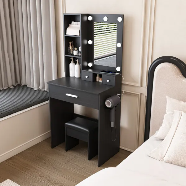 Vanity Table with Mirror & Adjustable LED Lights, Power Outlet, Hairdryer Holder & Stool – Compact…