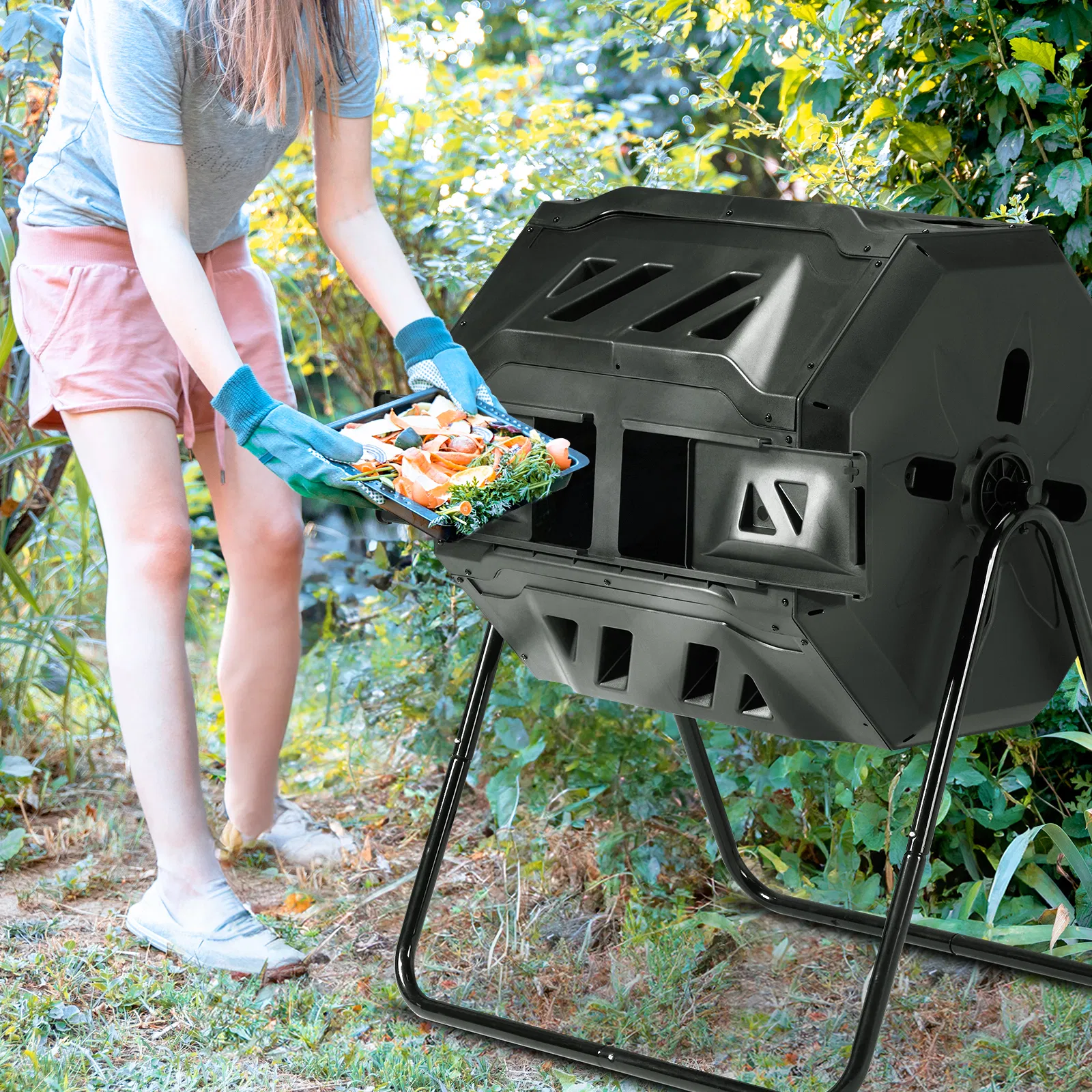 Outdoor Compost Tumbler Dual Chamber, Outdoor Tumbling Composter Dual Rotating Batch Compost Bin, 42… image 14