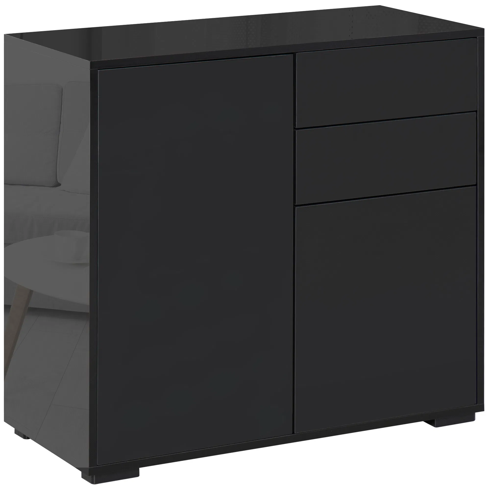 High Gloss Buffet Sideboard with 2 Drawers, 2 Doors and Adjustable Shelf, Kitchen Storage Cabinet with Push Open Design, Black