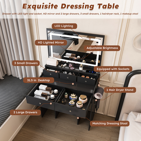 New Large Mirror Vanity Desk for Bed room , Modern Makeup Vanity Set with Power Outlet and Hair dryer holder, 5 Drawers , 3 Lighting Color Adjustable Dressing Table for Bedroom, Black Color-25