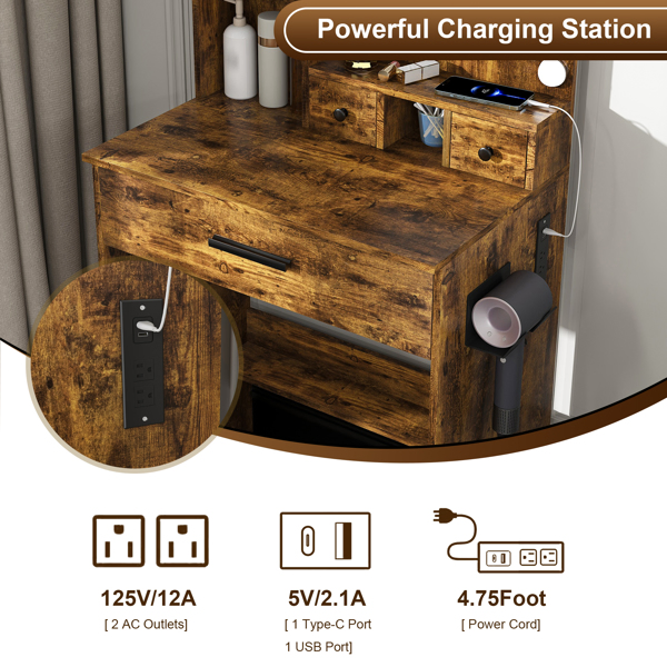 Vanity Table with Mirror & Adjustable LED Lights, Power Outlet, Hairdryer Holder & Stool – Compact Dressing Desk for Small Bedrooms(Vintage) -26