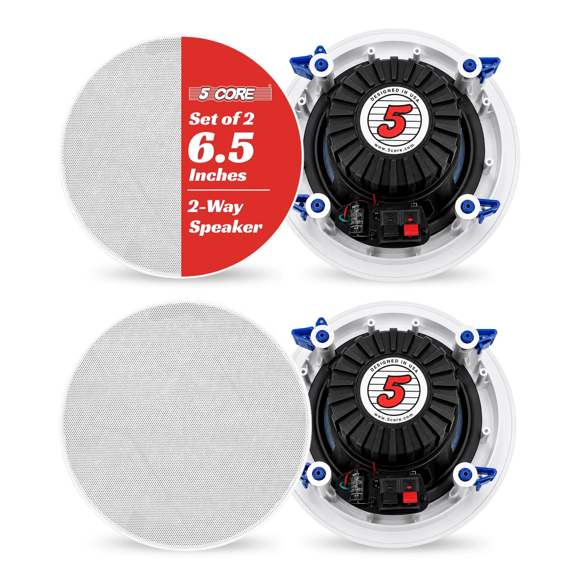 5 Core In-Ceiling In-Wall Speaker 1/6.5/ 8" 8Ohm 2-Way Flush Mount Speakers Pair