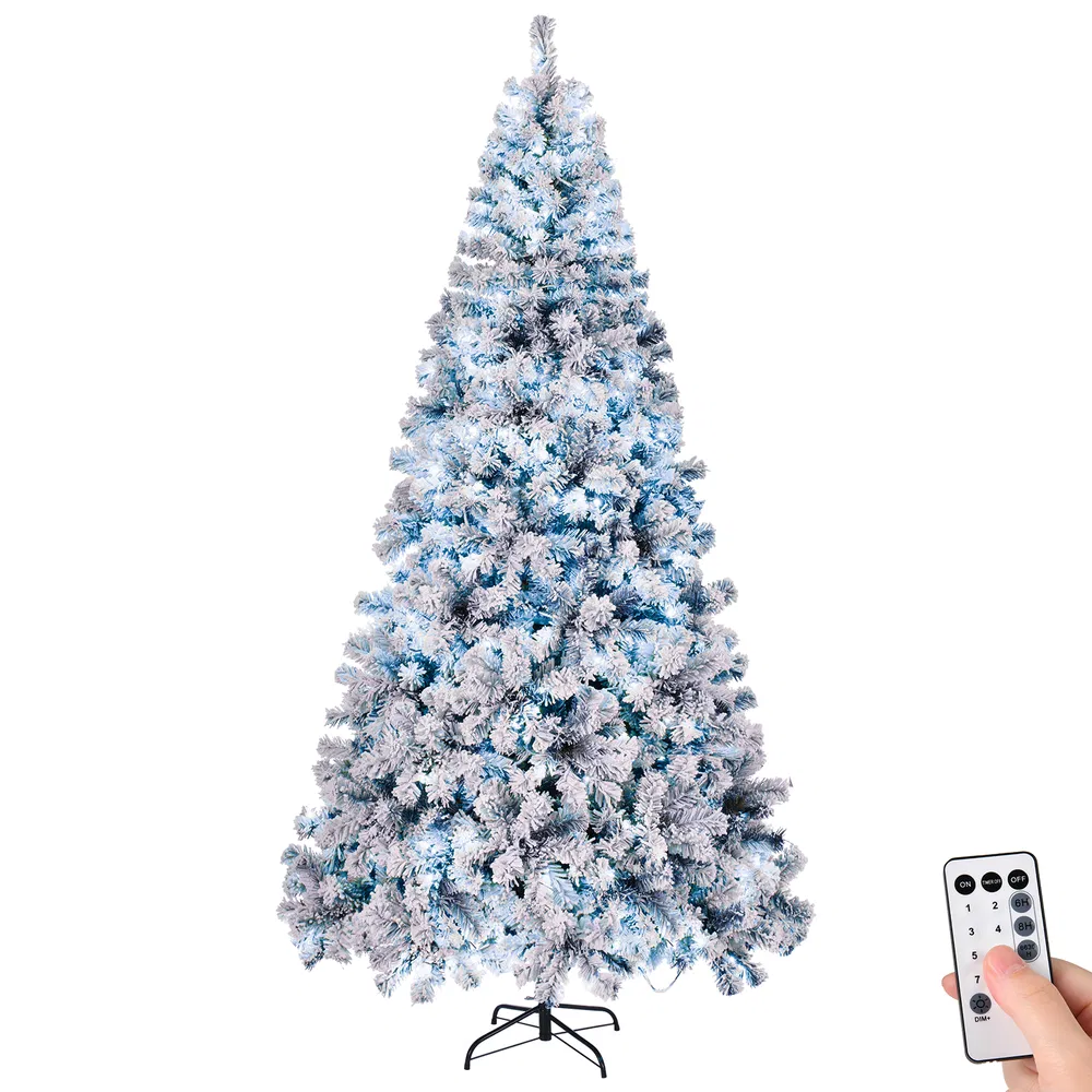 8 FT Pre-lit Snow Flocked Christmas Tree, Artificial Hinged Xmas Pine Tree with 1300 Branch Tips, 500…