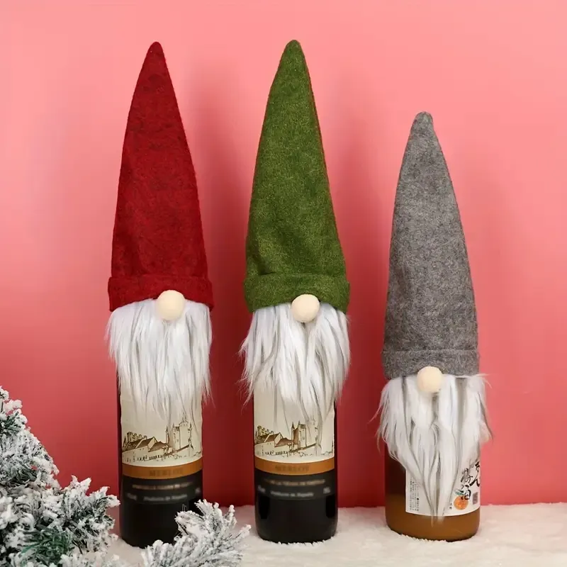 3pcs Festive Gnome Wine Bottle Covers - Red, Green, Gray with White Beards - Ideal for Christmas & Holiday Decor, Polyester, Indoor/Outdoor Use, No Electricity Needed, Gnome Christ