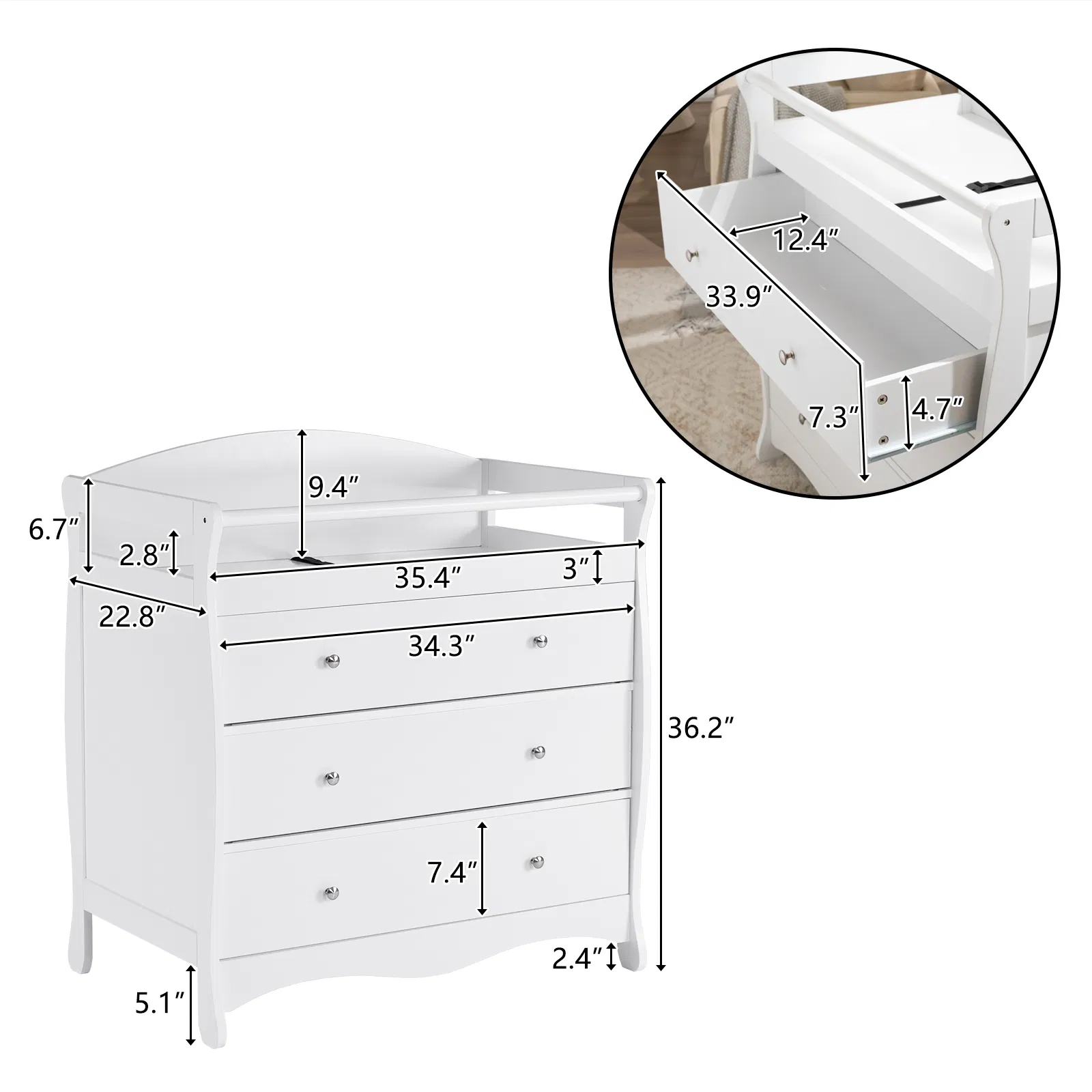 White 3-Tier Drawer Baby Cot with Safety Guard – 90.5x58x92cm | Wooden Baby Bed & Storage Combo image 17