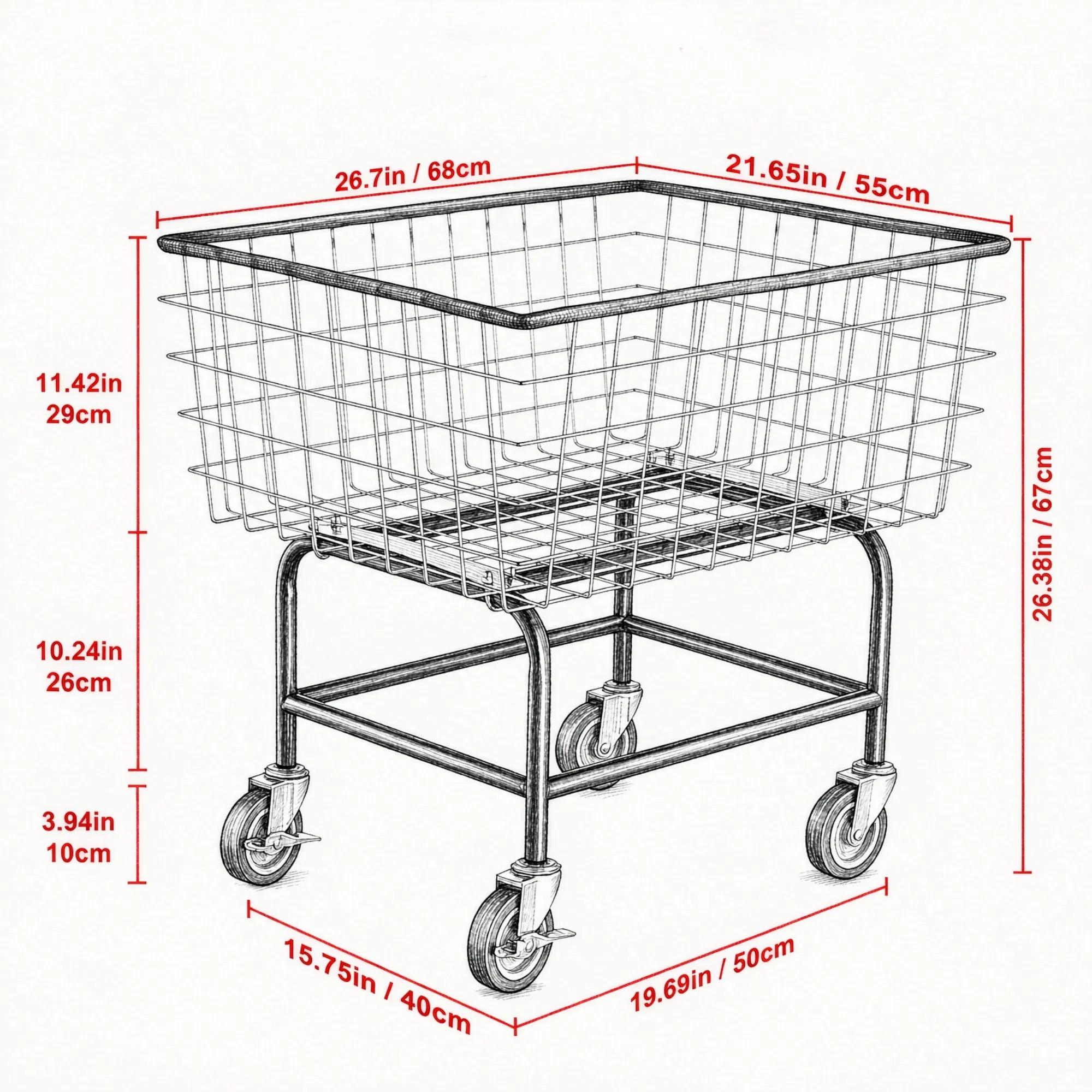 Wire Laundry Cart, 2.8 Bushel Wire Laundry Basket with Wheels, 26.7" x 21.7" x 26.4" Commercial Grade