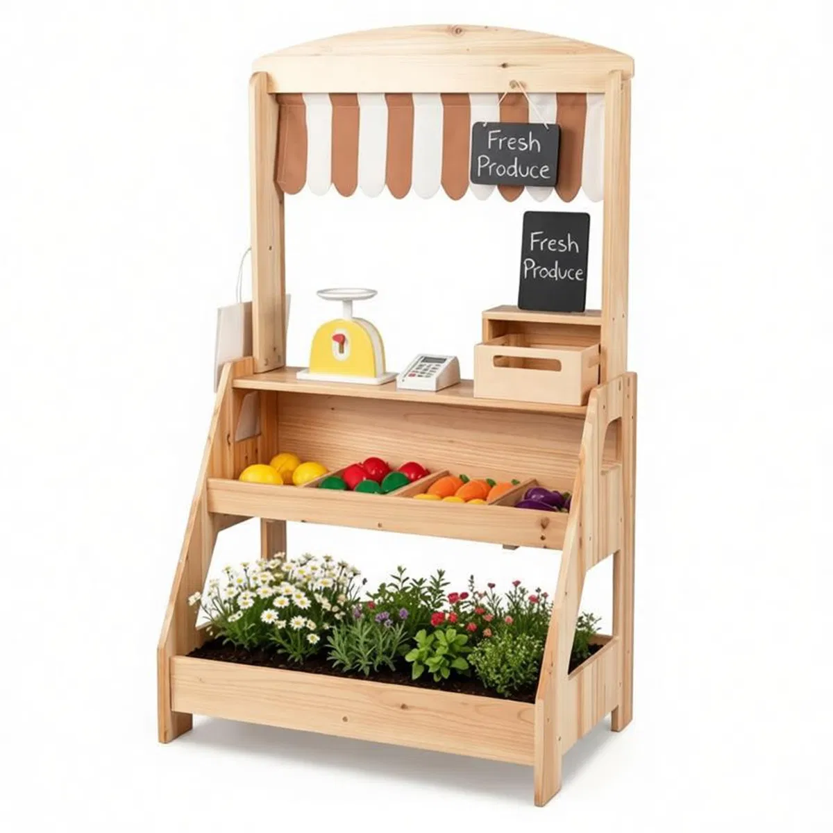 2-in-1 Kids Outdoor Mud Kitchen & Farmers Market Stand, Carbonized Fir Wood Pretend Grocery Store with 25 Pcs Play Food Accessories Double Chalkboards Planter Box