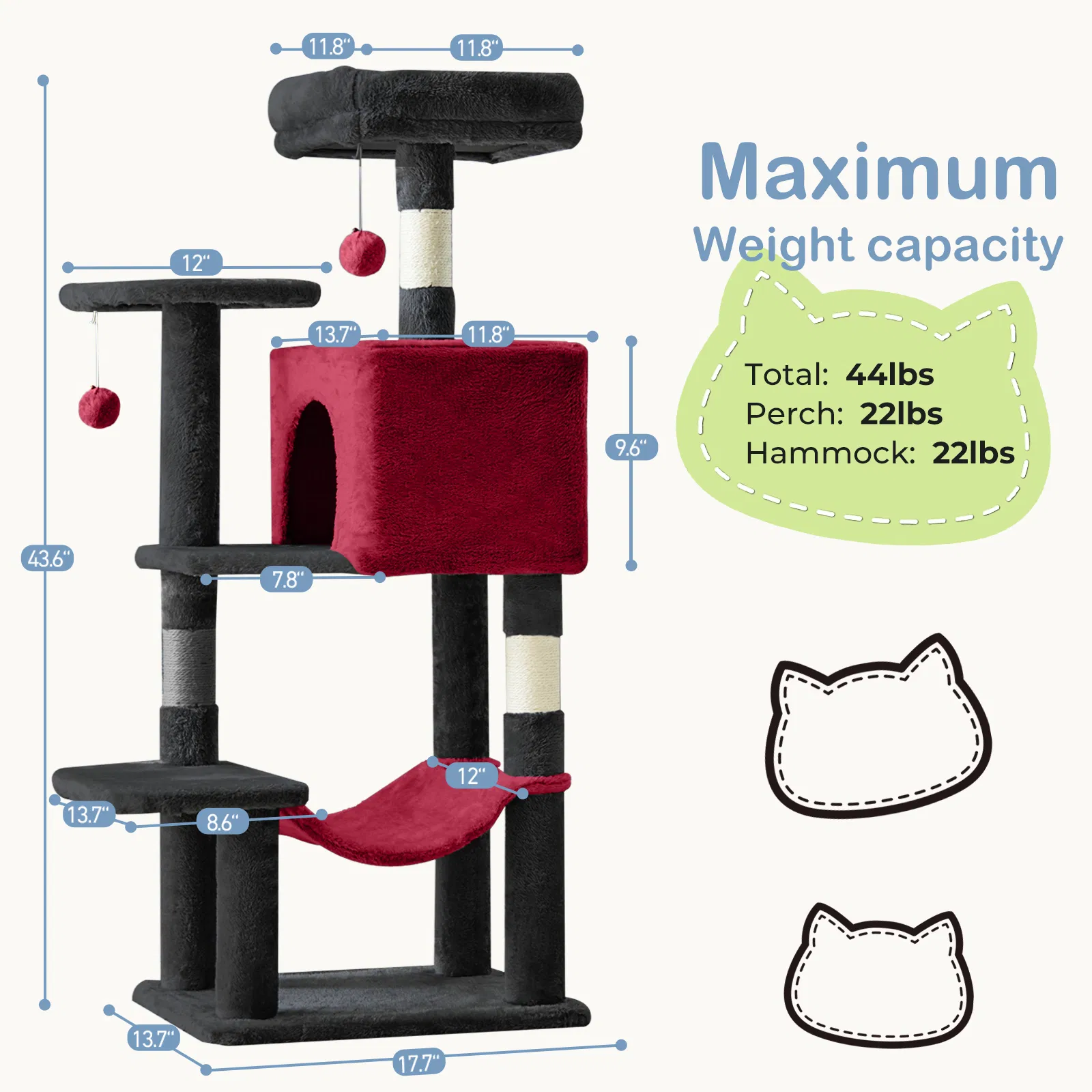 44 inch Cat Tree Tower, Multi-Cat Climbing Tower with, Natural Sisal Scratching Posts, Extended Platform, Hammock image 2