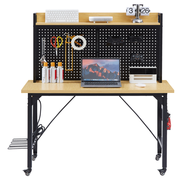 48''Adjustable Workbench with pegboard, Heavy Duty Wooden Desktop Workbench with Wheels, 1600 lb. Load Capacity, Rolling Workbench with AC/USB Outlet, Hooks, Shelf, for Garage, Workshop, Office, Home.-26