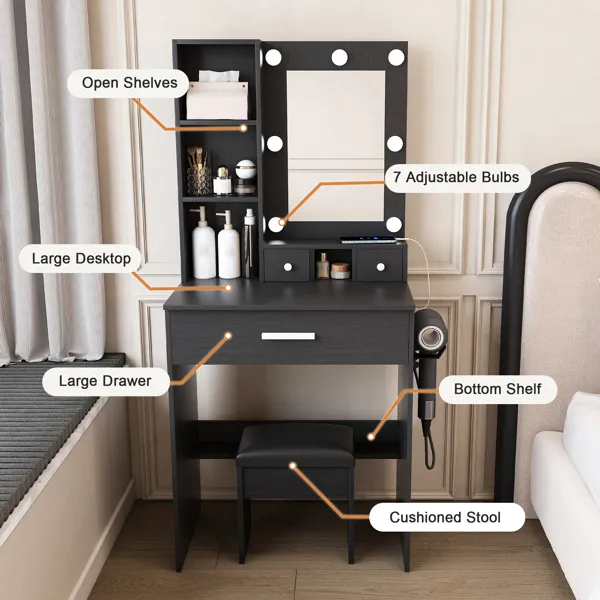Vanity Table with Mirror & Adjustable LED Lights, Power Outlet, Hairdryer Holder & Stool – Compact… image 11