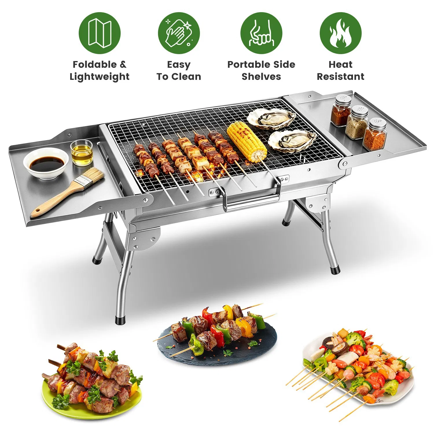 Foldable Charcoal Grill Portable BBQ Grill with Storage Shelf, Carry Handle, Air Vent Design, Chrome-Plated Grill Grate, 10 Skewers, Outdoor Barbecue Grill for Camping Picnic Backyard Travel