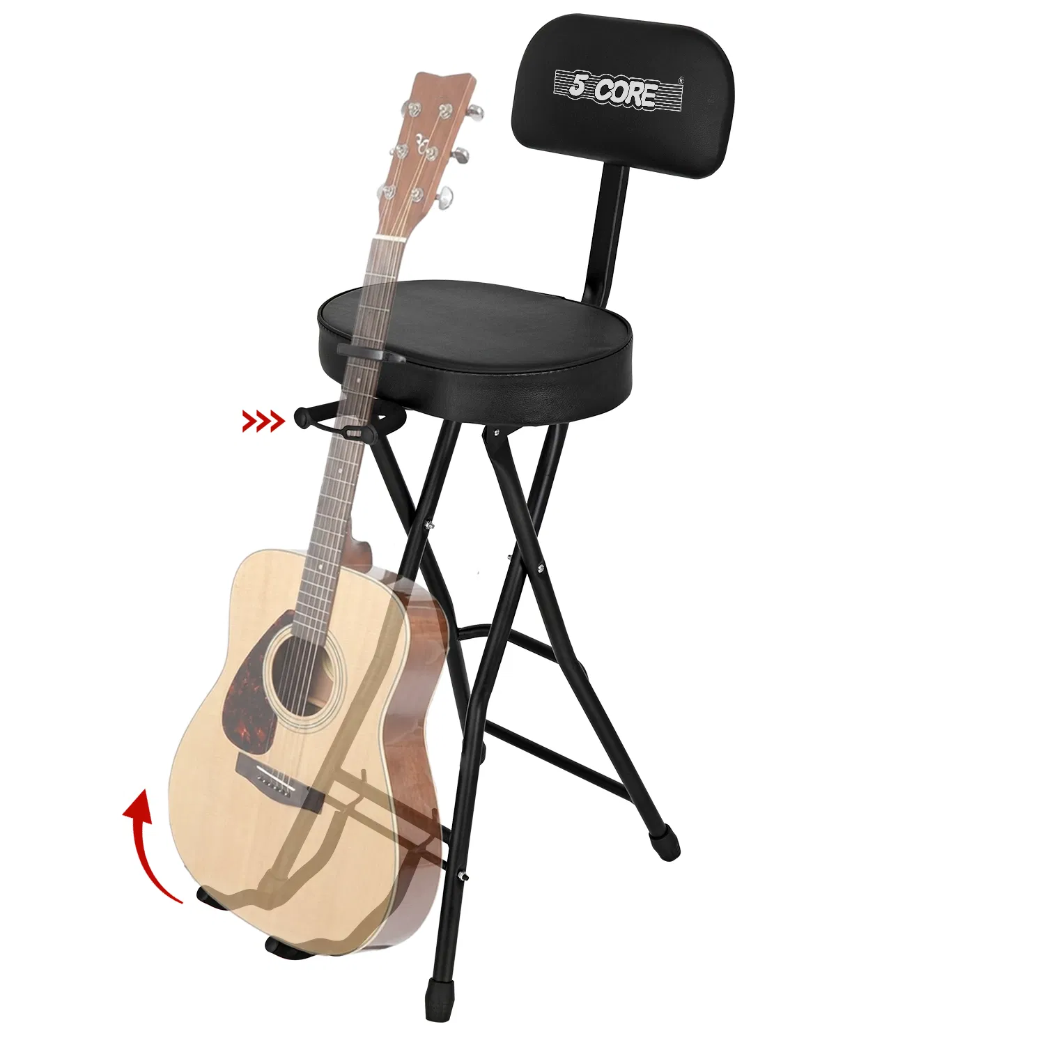 5Core Guitar Stool 3.15" Padded Chair w Backrest Foldable Music Seat Built in Foot Rest Guitar Stand