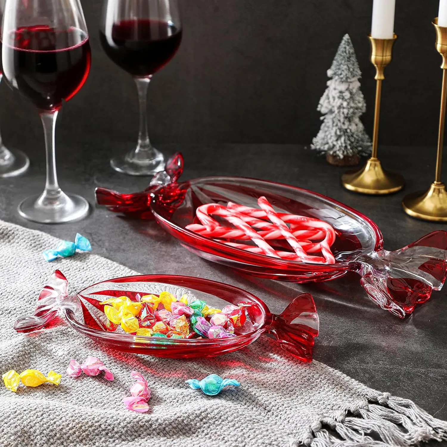 Christmas Candy Glass Plate, Christmas Theme Serving Tray for Holiday Desserts, Cookies & Candy Display, Festive Party Bowl, Red XMAS Decorations Small 9.2x4.3 Inch image 4