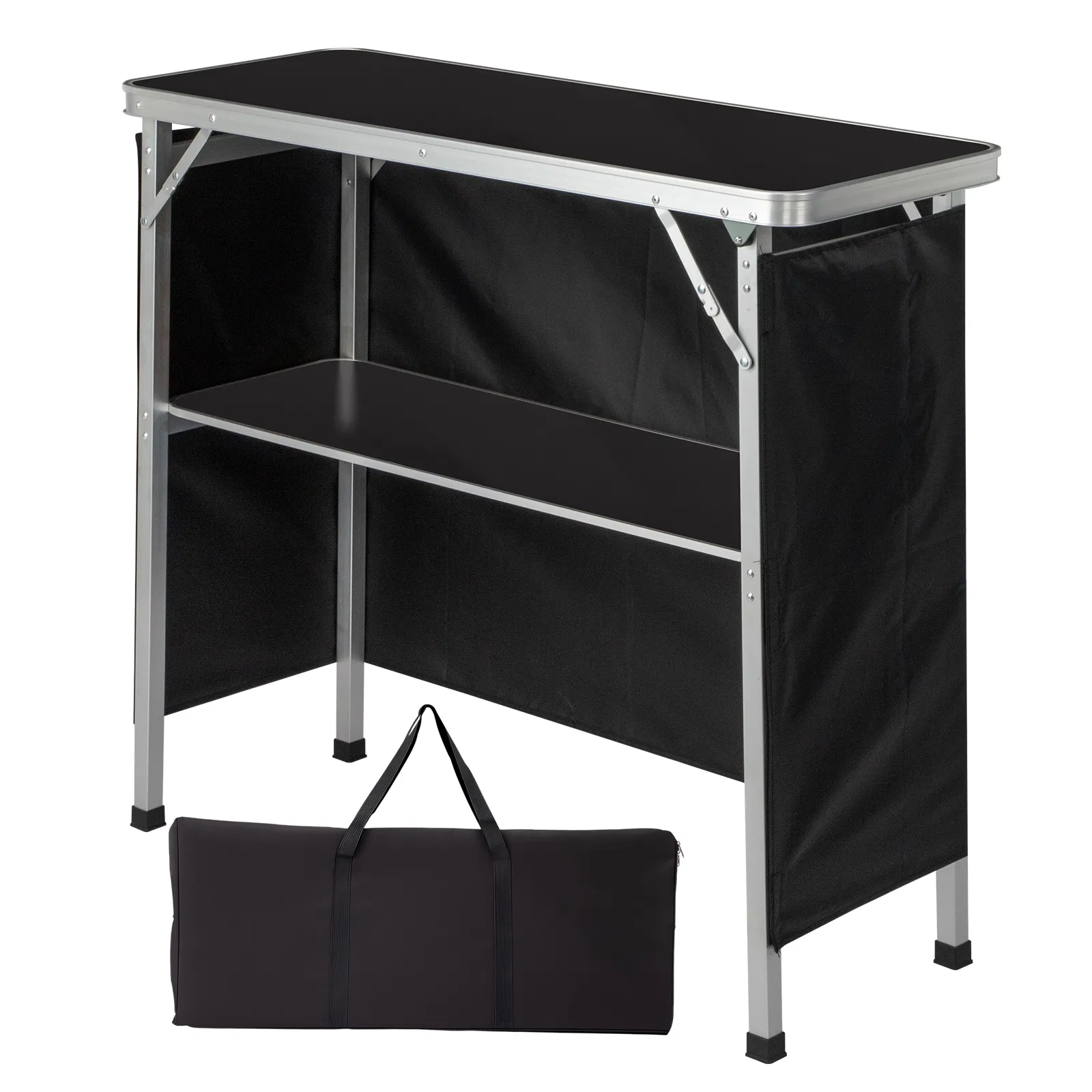 Portable Folding Bar Table with Shelf, Tradeshow Podium Table with Black Skirt and Carrying Bag, for…