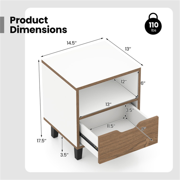 2-Pack Color Blocking Nightstands - 3-Tier Storage (Tabletop/Open Shelf/Drawer), Unique Wood Grain + Creamy White Design for Bedroom-13