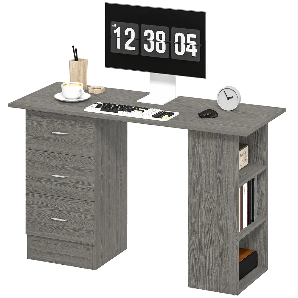 47 Inches Home Office Desk with 3-Tier Storage Shelves, Computer Desk with Drawers, Study Writing Table, Grey