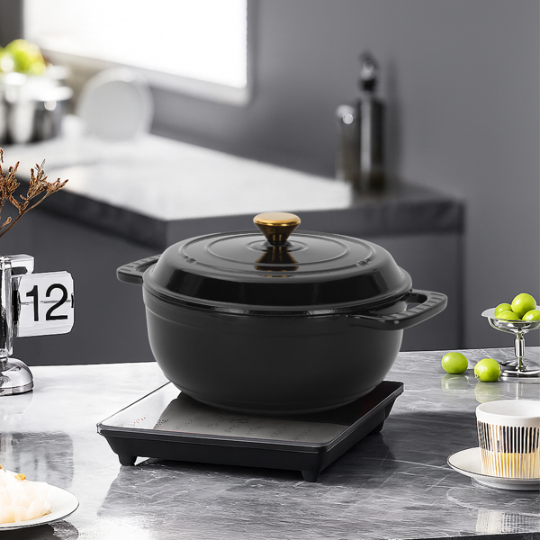 6QT Cast Iron Dutch Oven with Lid – Black Enamel Cooking Pot for Stovetop, Oven, Camping – Includes 2 Silicone Heat-Resistant Gloves-24