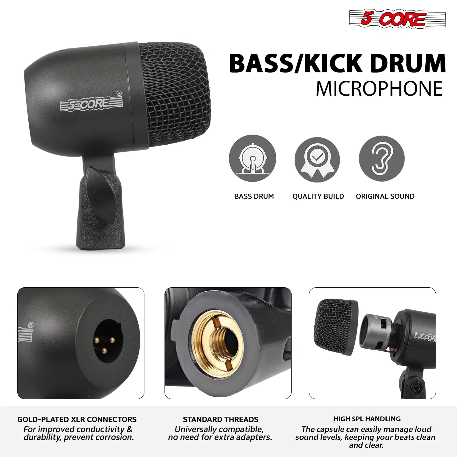 5 Core Drum Microphone Kit 9Pc All Metal Drummer Mics Tom/Snare & Cymbals Wired Instrument Drums Set image 2