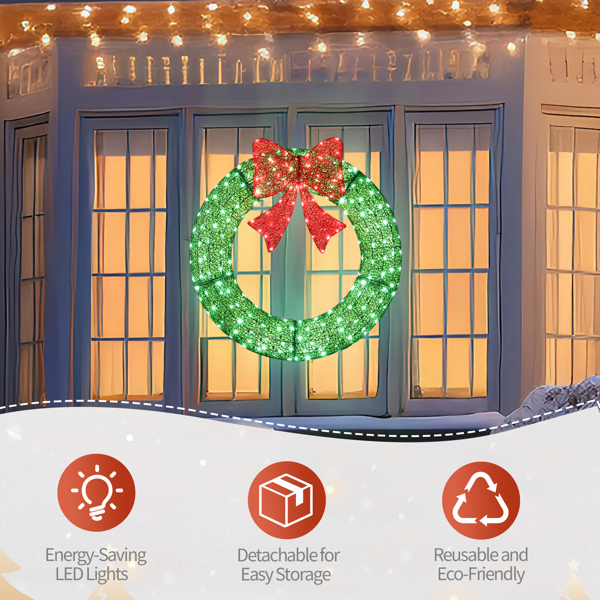 36in Pre-lit Outdoor Christmas Wreath Decoration, Lighted Metal Wreath with Red Bow, Remote Control LED Lights with Timer, for Front Door Gate Wall Indoor Outdoor Holiday Party-17