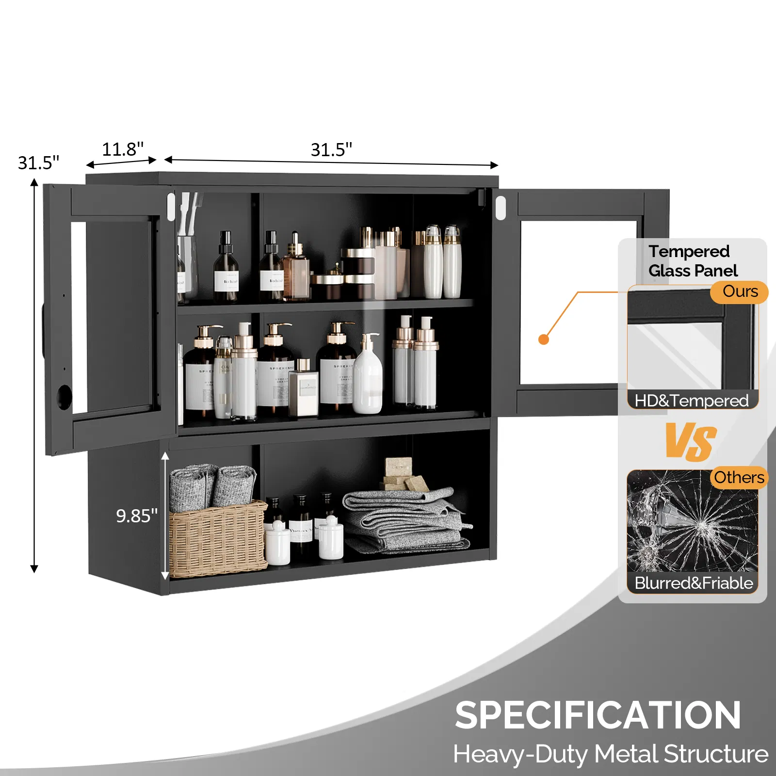 Steel 31.50" 31.50" 11.81" wall cabinet (without lights), steel display case, black image 3